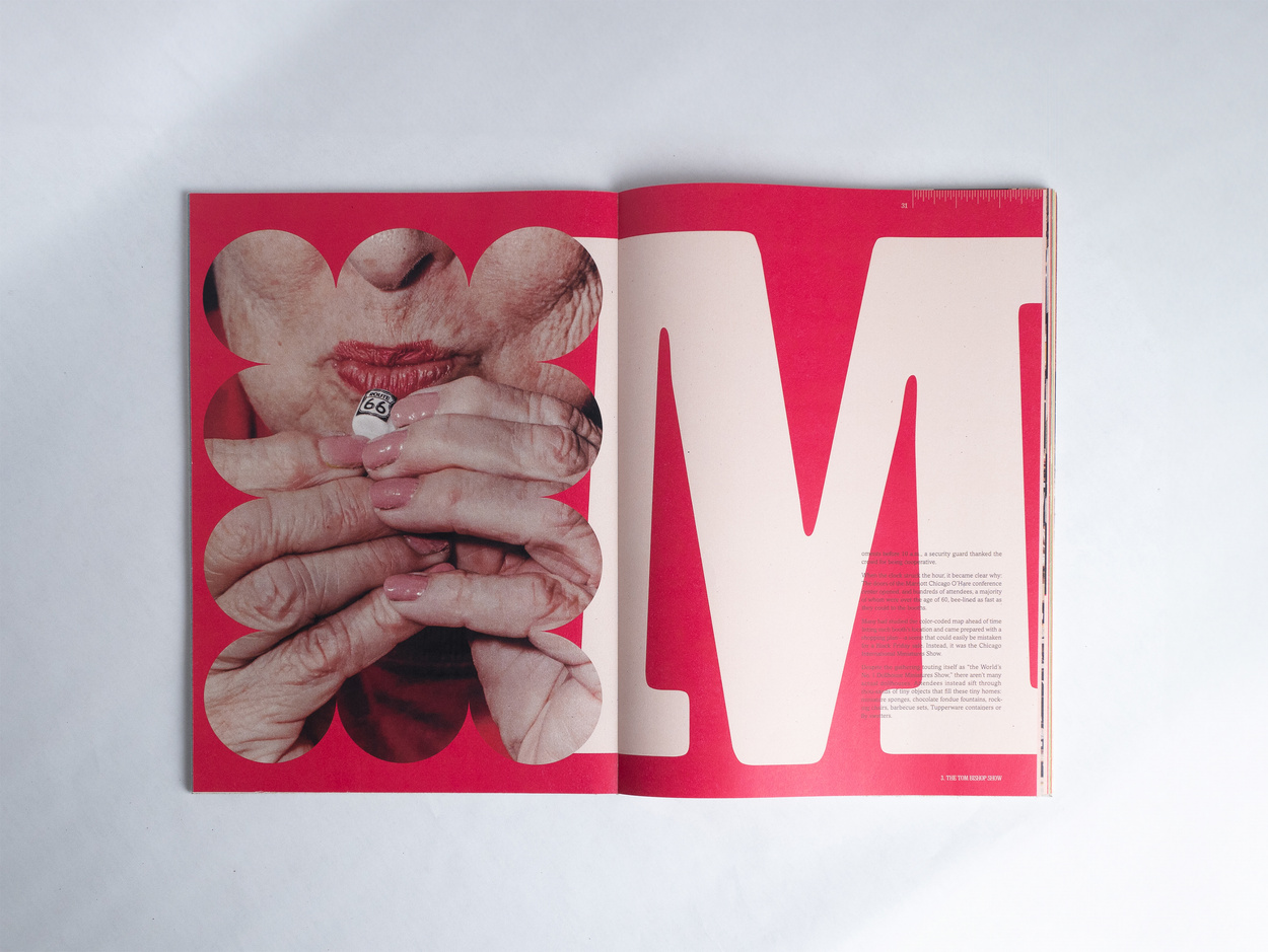 Book spread with big M