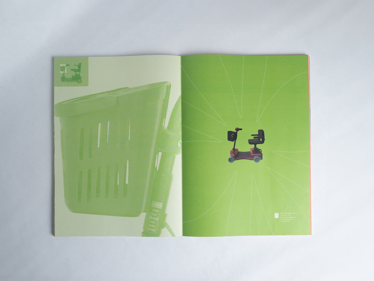 Book spread with green background and scooter