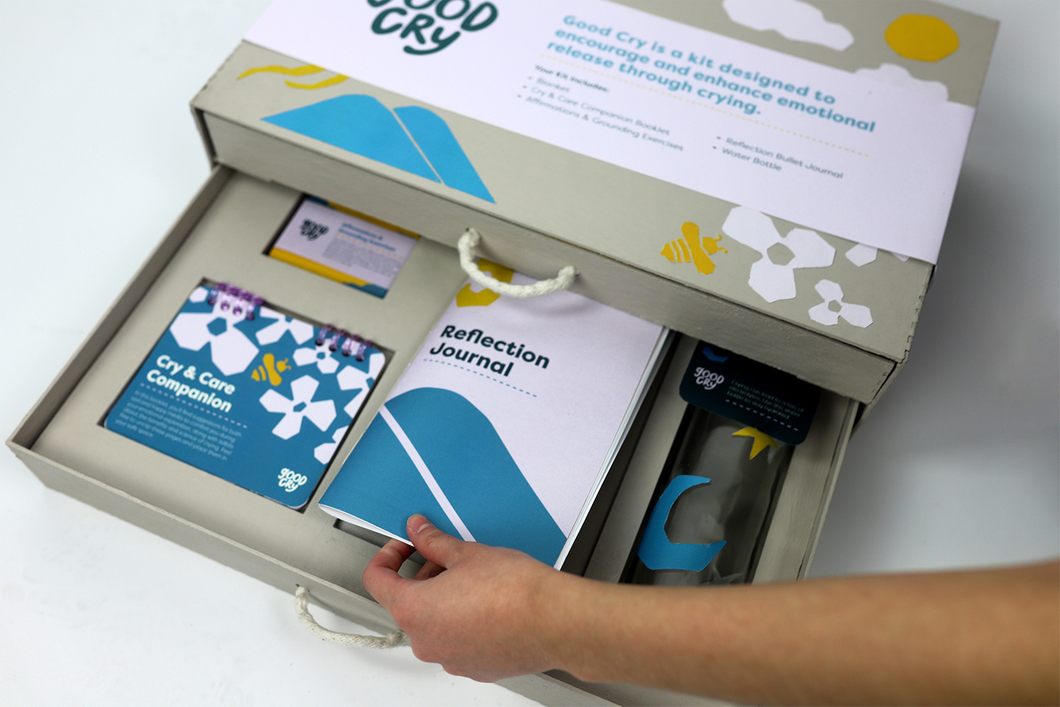 Hand taking booklet out of box