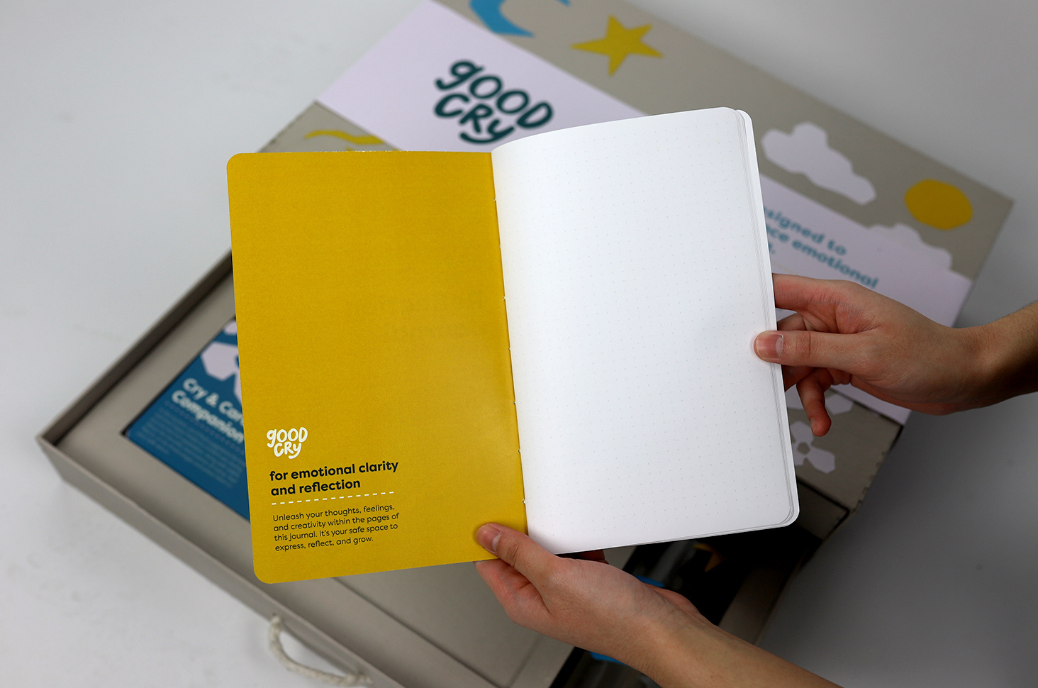 Hands holding open journal outside of box
